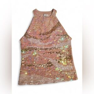 Cache Pink Vintage Silk Blend square sequin halter top with